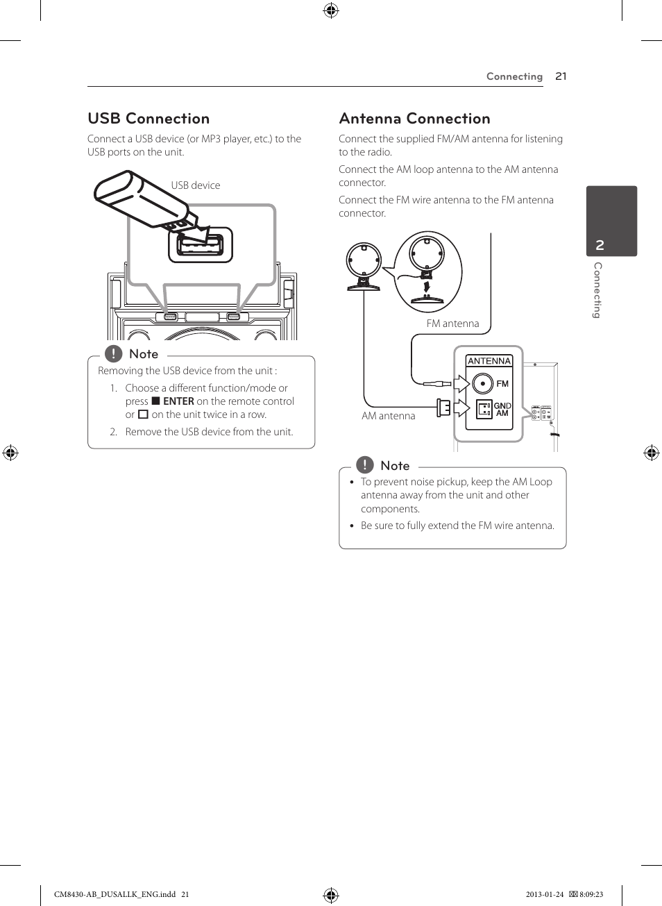 Usb connection, Antenna connection | LG CM8430 User Manual | Page 21 / 42