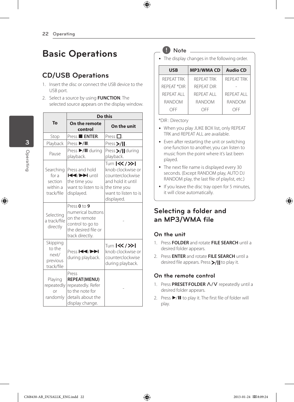 Basic operations, Cd/usb operations, Selecting a folder and an mp3/wma file | LG CM8430 User Manual | Page 22 / 42