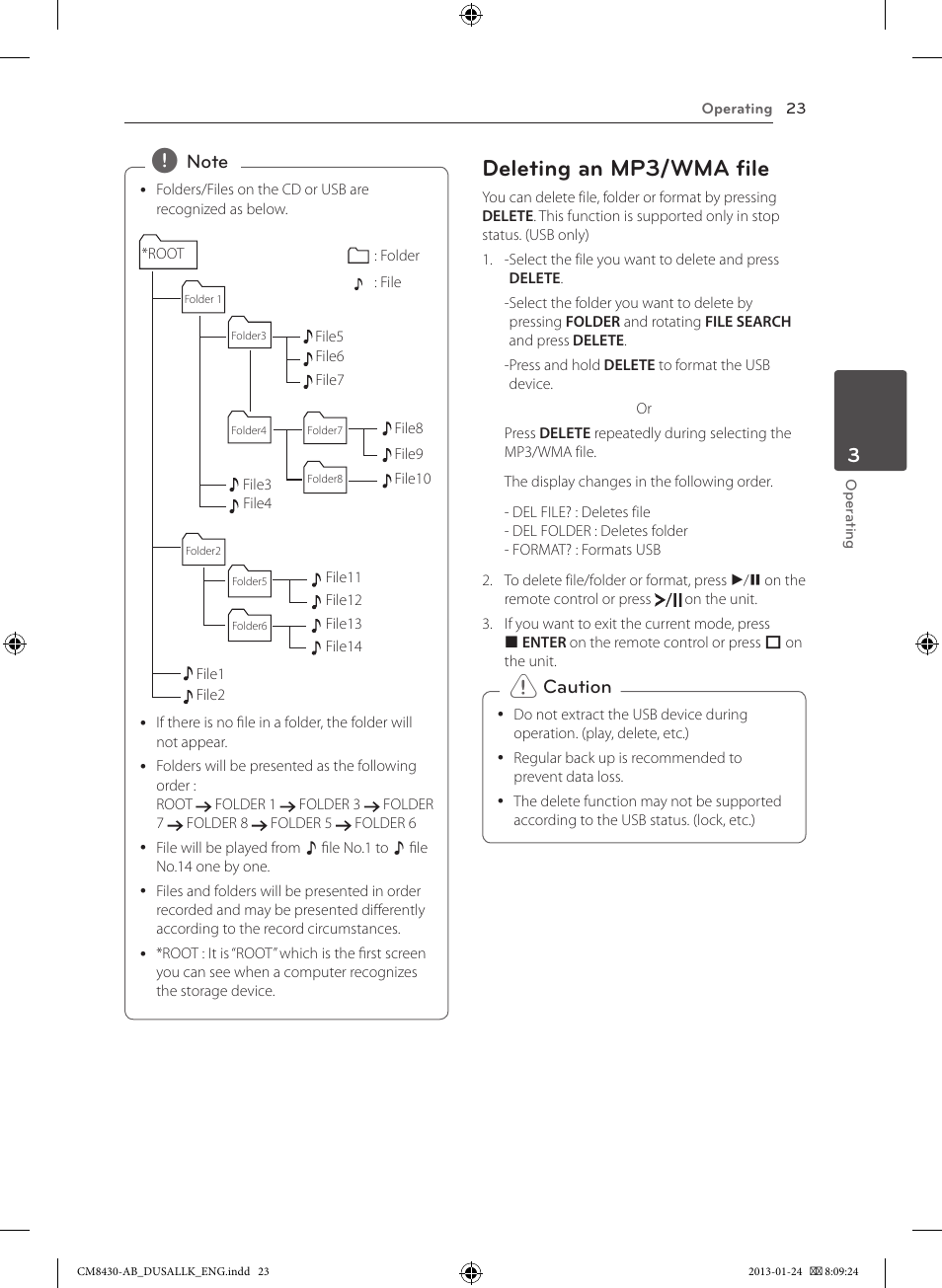 Deleting an mp3/wma file, Caution | LG CM8430 User Manual | Page 23 / 42