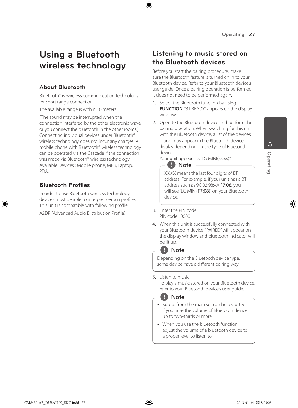 Using a bluetooth wireless technology, Listening to music stored on the bluetooth devices | LG CM8430 User Manual | Page 27 / 42