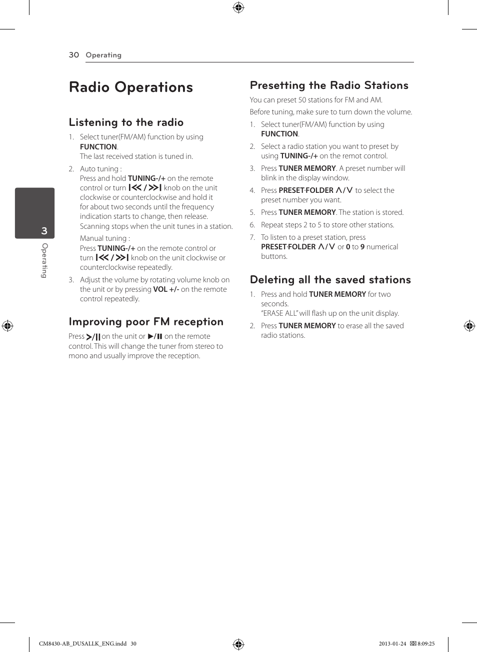 Radio operations, Listening to the radio, Improving poor fm reception | Presetting the radio stations, Deleting all the saved stations | LG CM8430 User Manual | Page 30 / 42
