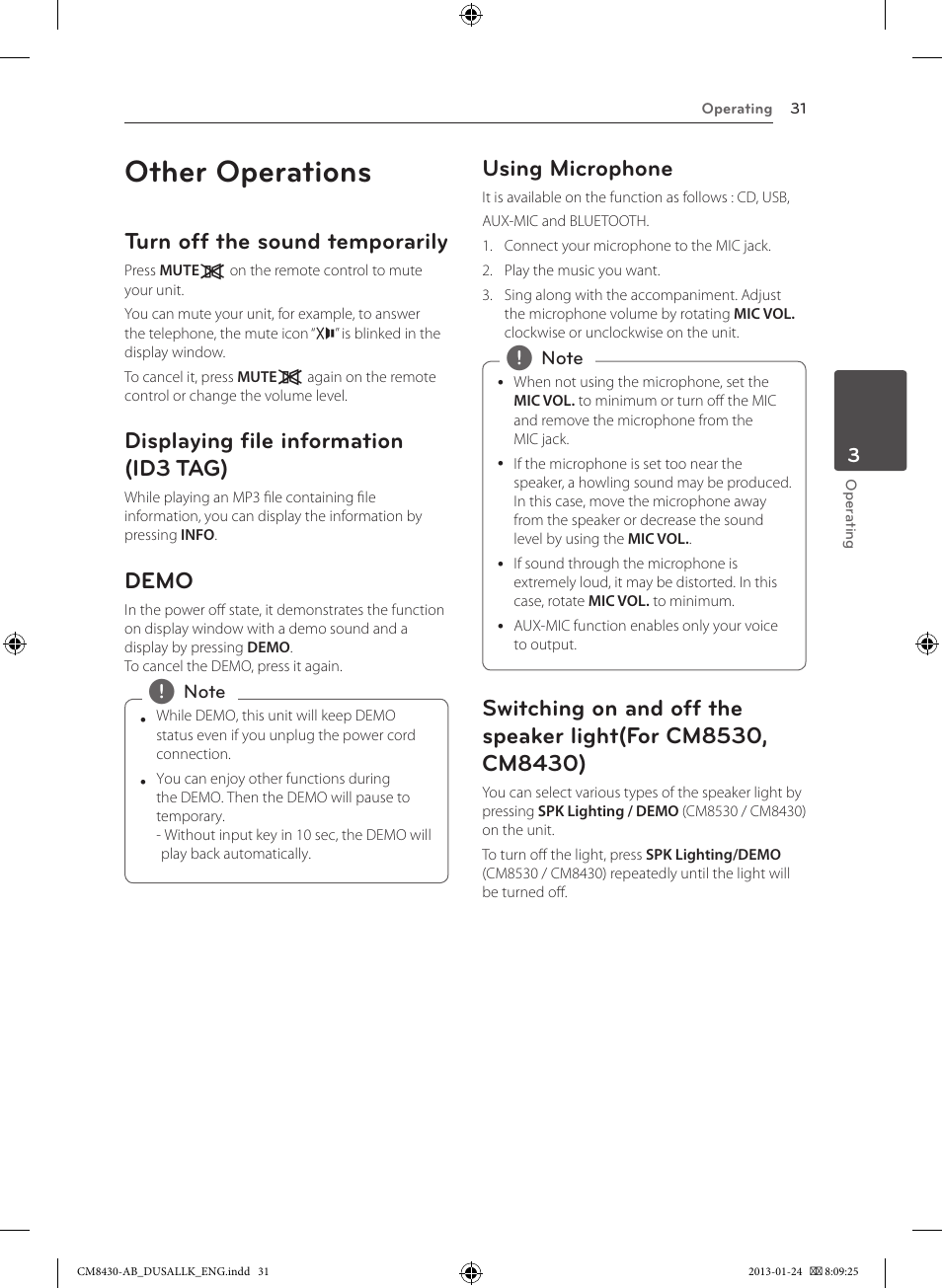Other operations, Turn off the sound temporarily, Displaying file information (id3 tag) | Demo, Using microphone | LG CM8430 User Manual | Page 31 / 42
