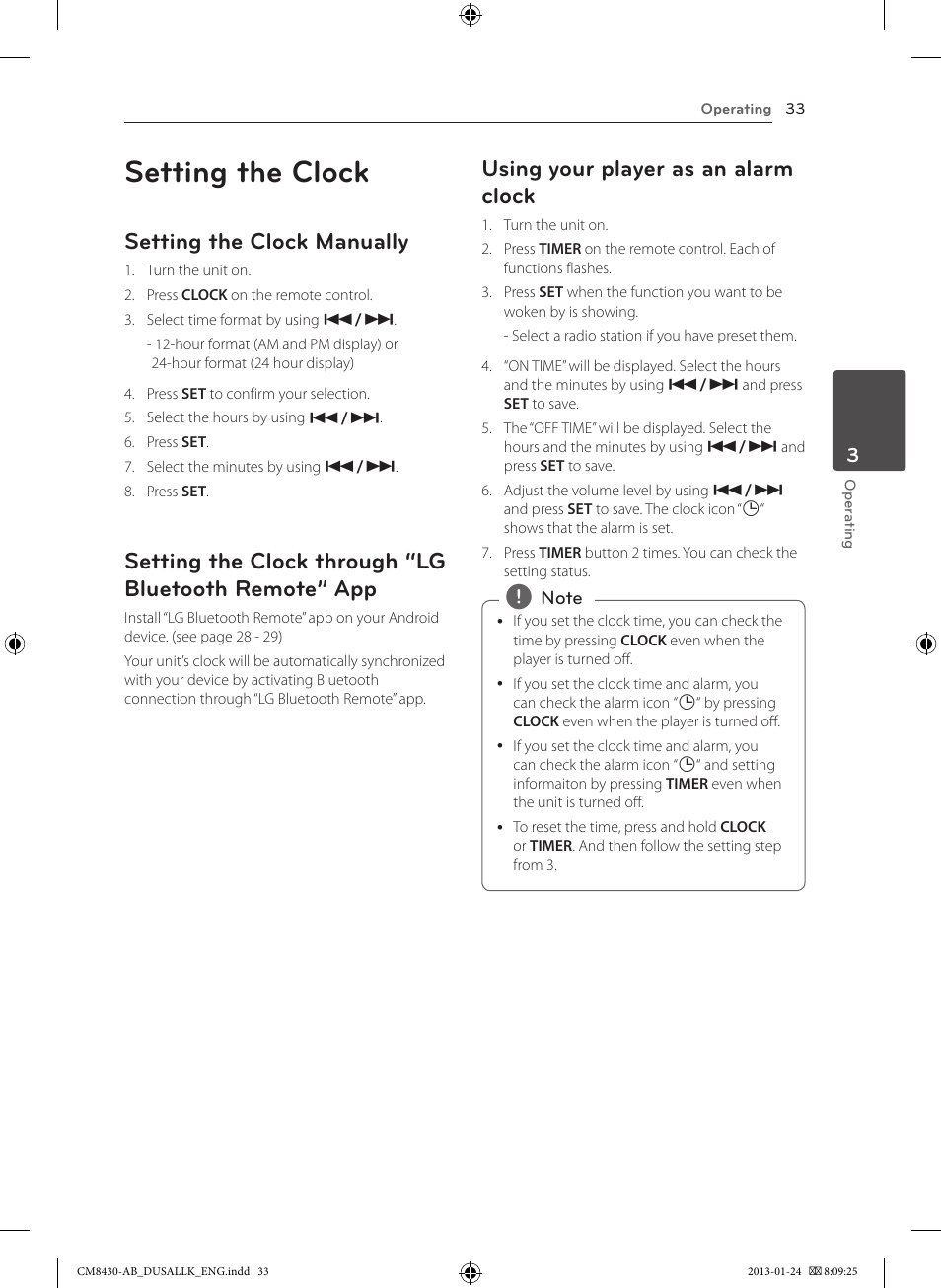 Setting the clock, Setting the clock manually, Using your player as an alarm clock | LG CM8430 User Manual | Page 33 / 42