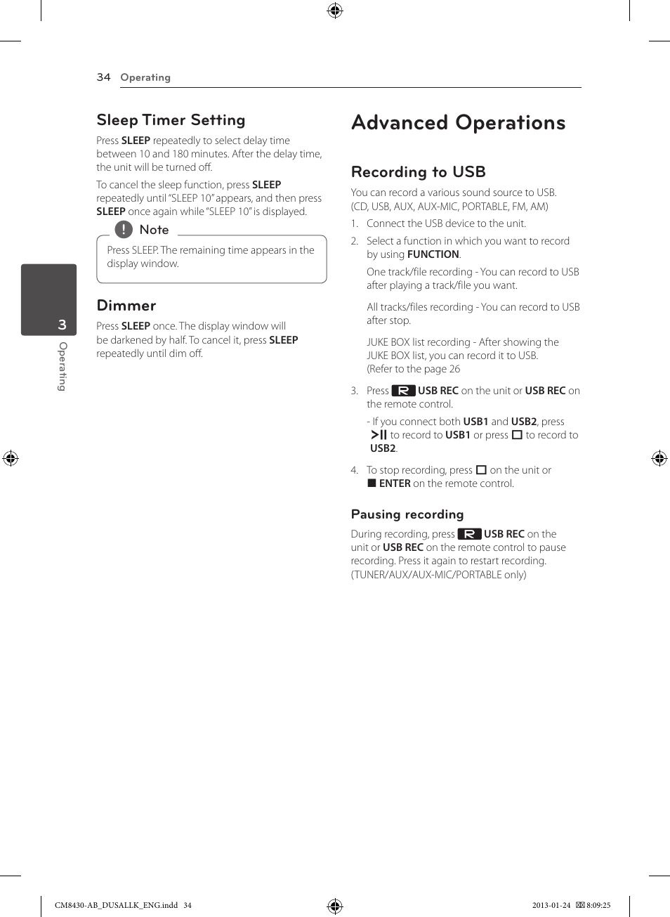 Advanced operations, Sleep timer setting, Dimmer | Recording to usb | LG CM8430 User Manual | Page 34 / 42