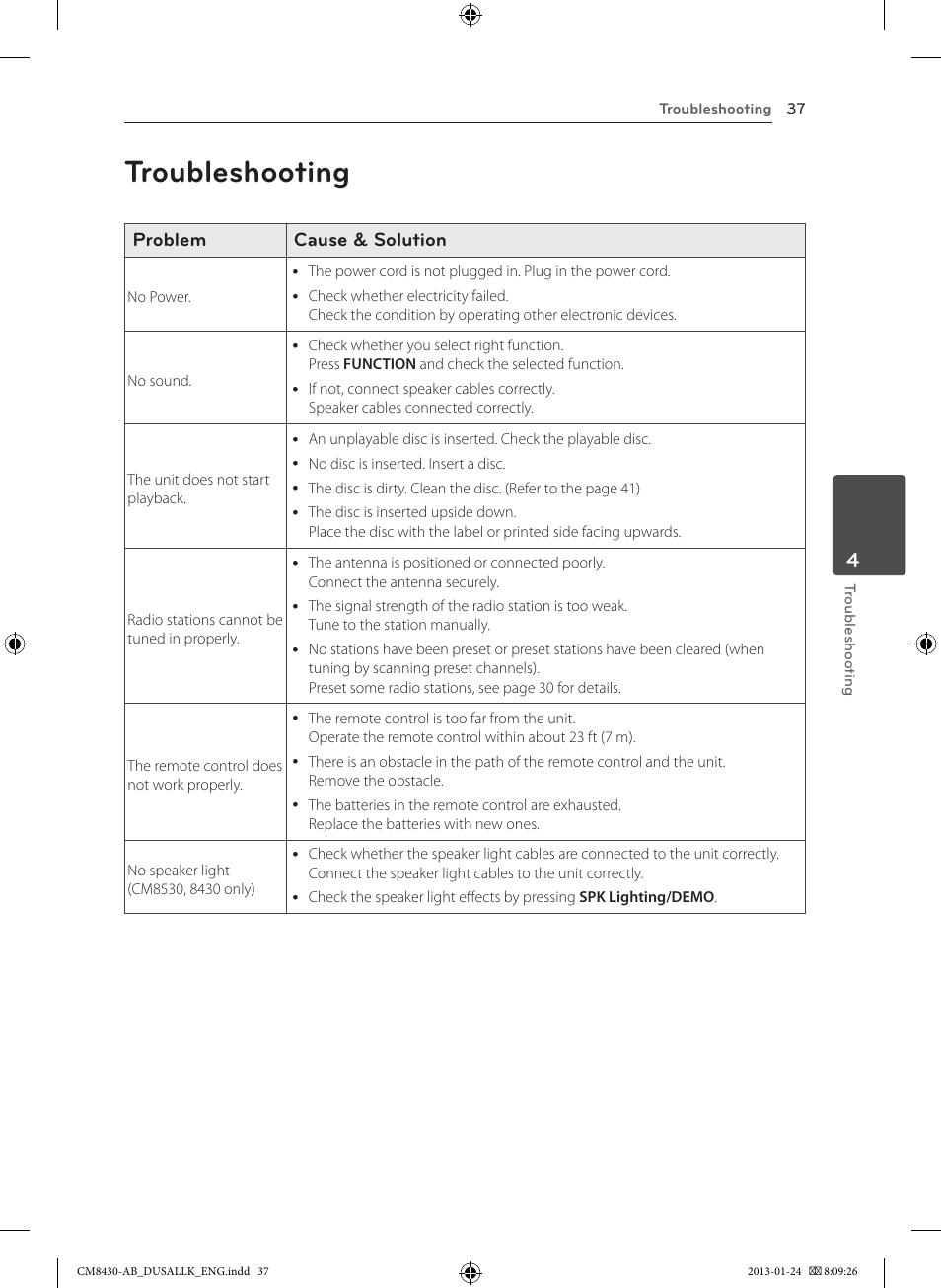 Troubleshooting, Problem cause & solution | LG CM8430 User Manual | Page 37 / 42