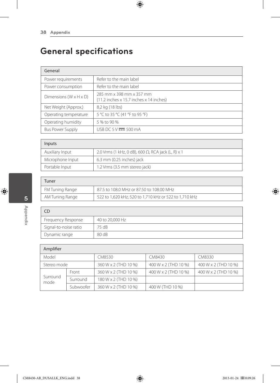 General specifications | LG CM8430 User Manual | Page 38 / 42
