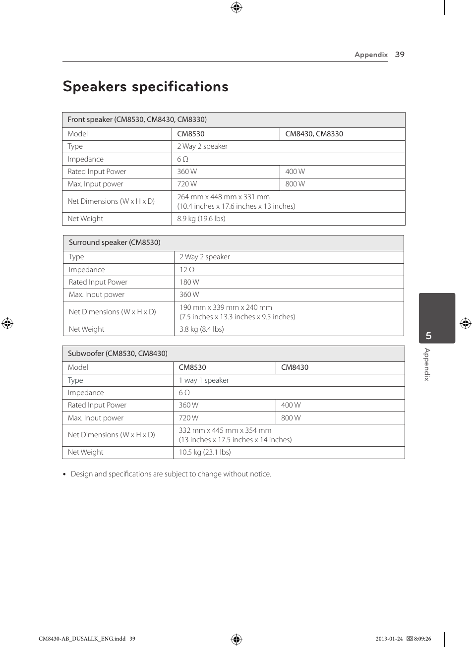 Speakers specifications | LG CM8430 User Manual | Page 39 / 42