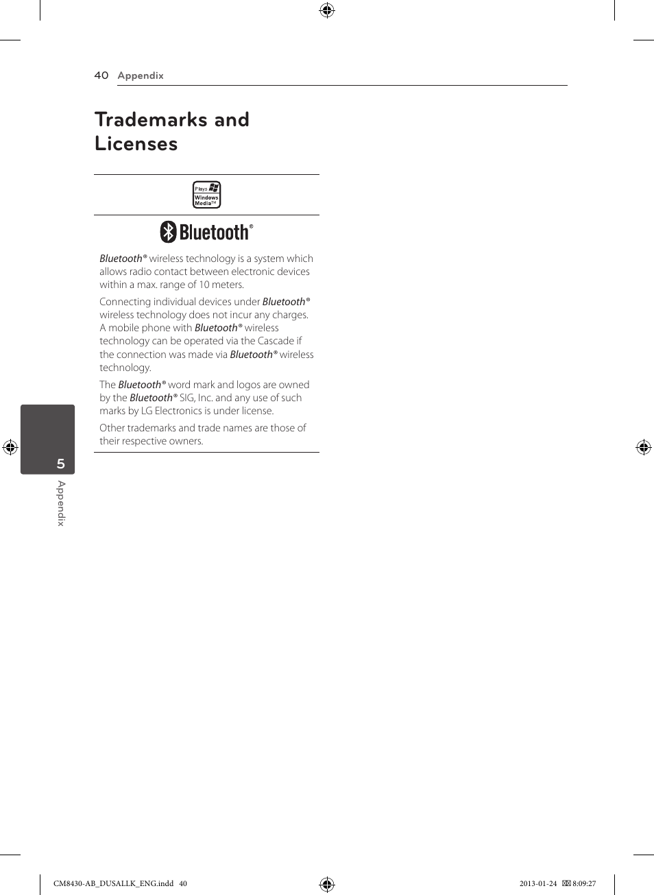 Trademarks and licenses | LG CM8430 User Manual | Page 40 / 42