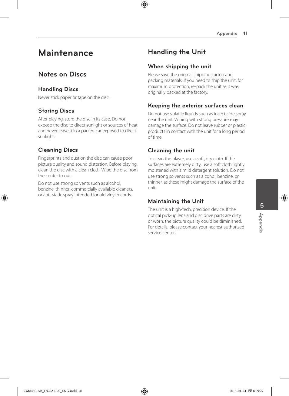 Maintenance, Handling the unit | LG CM8430 User Manual | Page 41 / 42