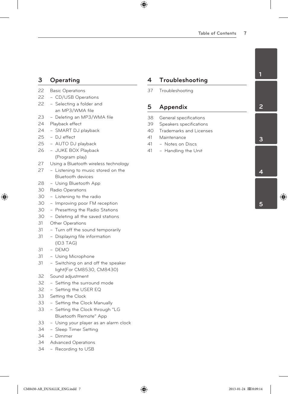 3 operating, 4 troubleshooting, 5 appendix | LG CM8430 User Manual | Page 7 / 42