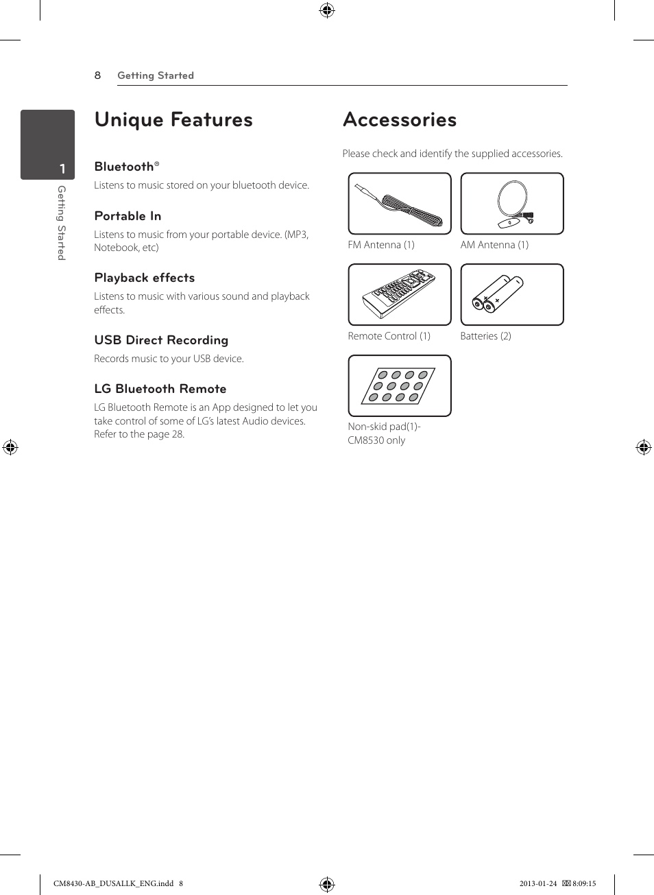 Unique features, Accessories | LG CM8430 User Manual | Page 8 / 42