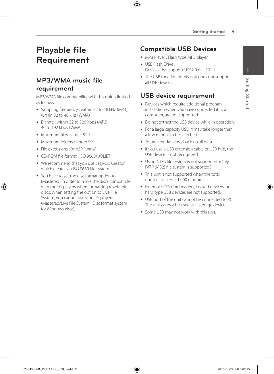 Playable file requirement, Mp3/wma music file requirement, Compatible usb devices | Usb device requirement | LG CM8430 User Manual | Page 9 / 42