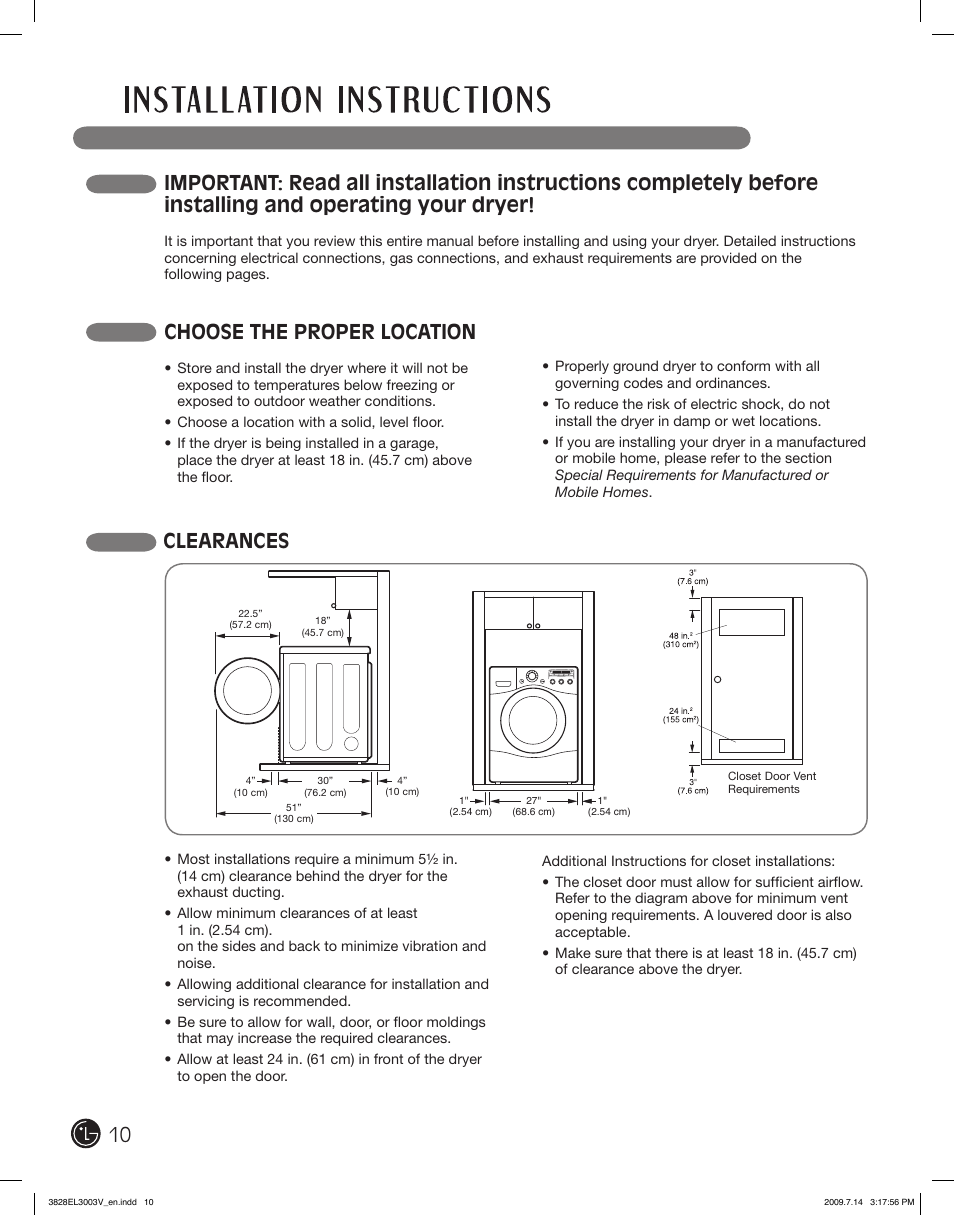 Choose the proper location, Clearances | LG DLEX2501V User Manual | Page 10 / 132