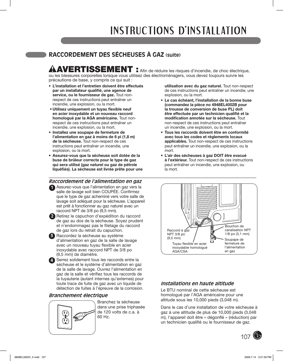Wavertissement, 107 raccordement des sécheuses à gaz | LG DLEX2501V User Manual | Page 107 / 132