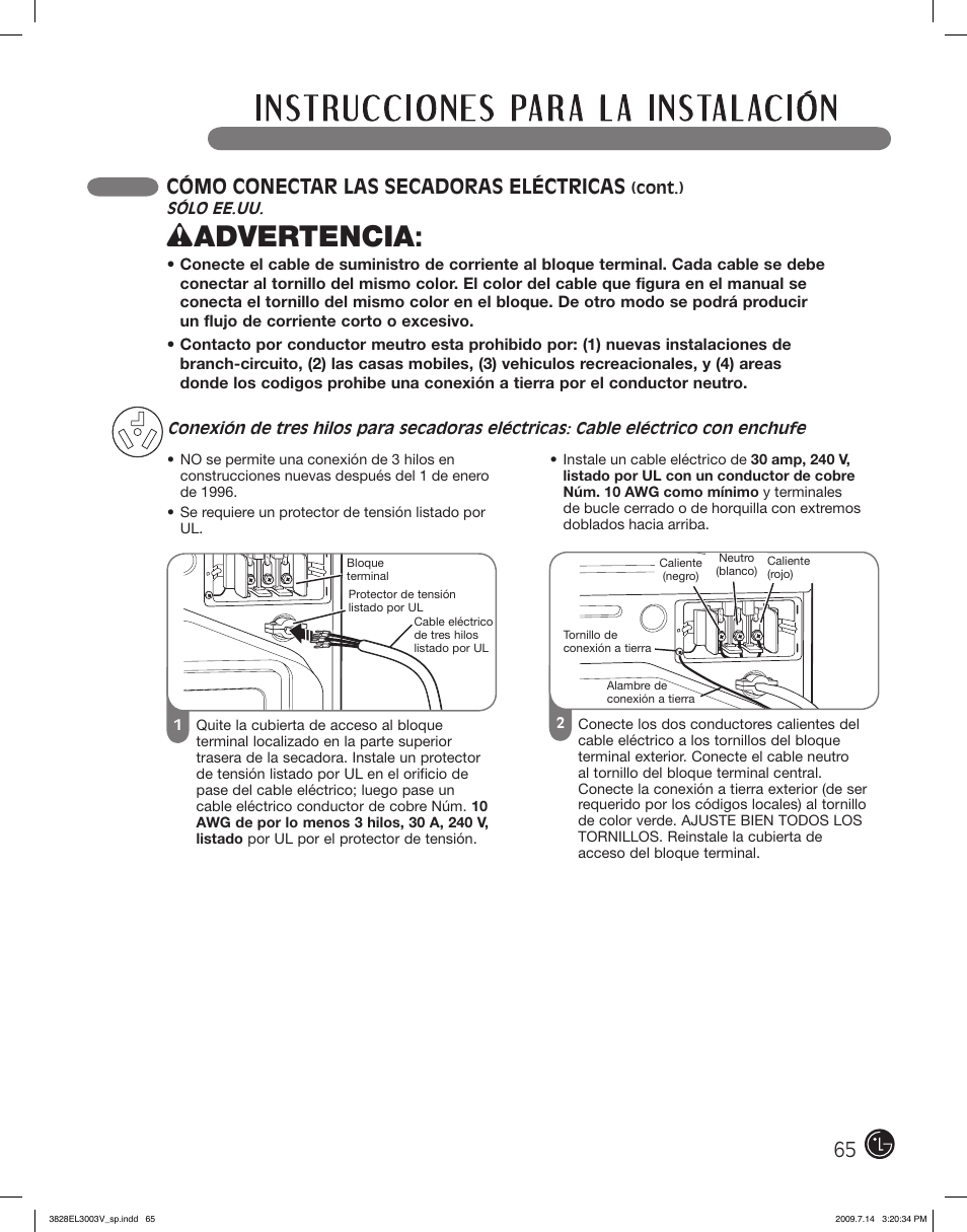 Wadvertencia, Cómo conectar las secadoras eléctricas | LG DLEX2501V User Manual | Page 65 / 132