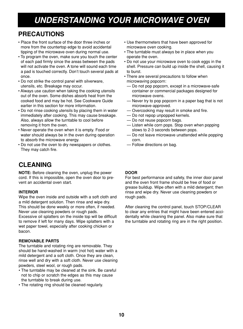 Understanding your microwave oven, Cleaning precautions | LG MAR1140W User Manual | Page 10 / 24