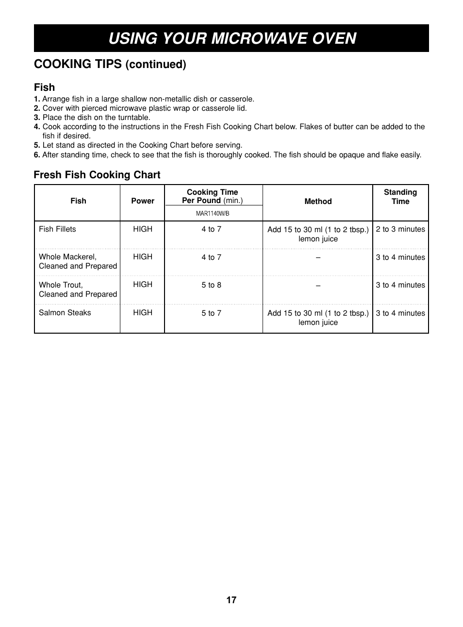 Using your microwave oven, Cooking tips, Continued) | Fish, Fresh fish cooking chart | LG MAR1140W User Manual | Page 17 / 24