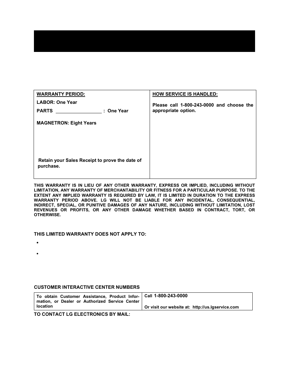 Goldstar microwave oven limited warranty — usa, Model mar1140w/b | LG MAR1140W User Manual | Page 23 / 24