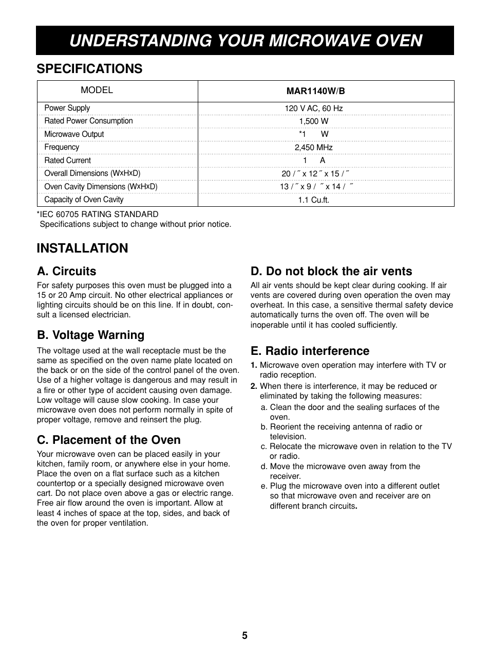 Understanding your microwave oven, Specifications, Installation | A. circuits, B. voltage warning, C. placement of the oven, D. do not block the air vents, E. radio interference | LG MAR1140W User Manual | Page 5 / 24