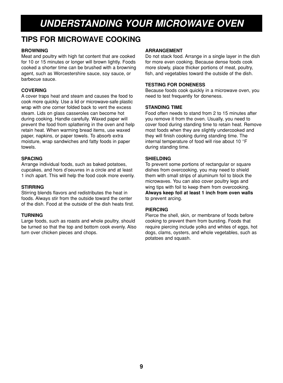 Understanding your microwave oven, Tips for microwave cooking | LG MAR1140W User Manual | Page 9 / 24