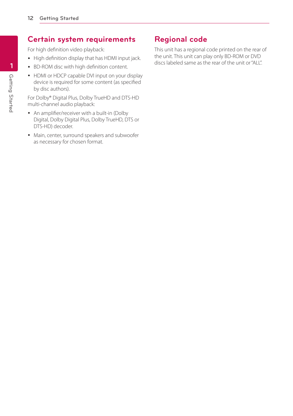 Certain system requirements, Regional code | LG BP325W User Manual | Page 12 / 61