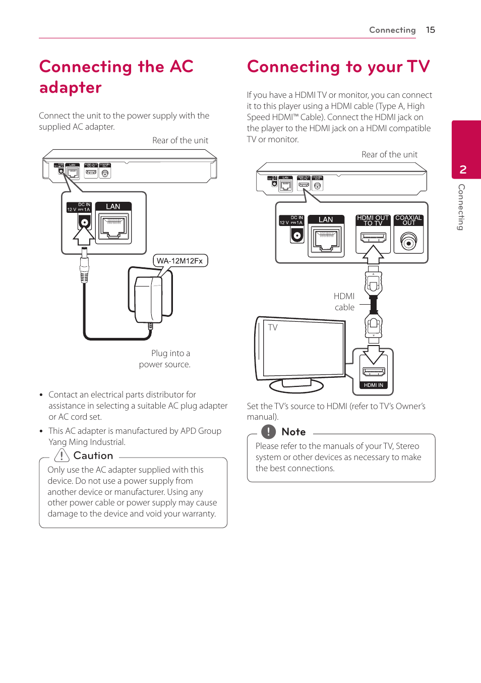 2 connecting, Connecting the ac adapter, Connecting to your tv | LG BP325W User Manual | Page 15 / 61