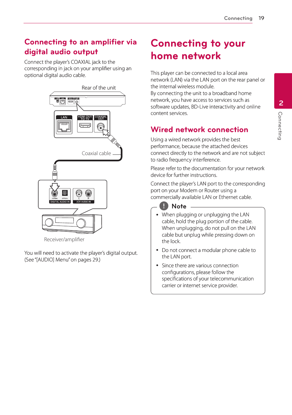 Connecting to your home network, Wired network connection, 19 – connecting to an amplifier via digital | Audio output, 19 – wired network connection | LG BP325W User Manual | Page 19 / 61
