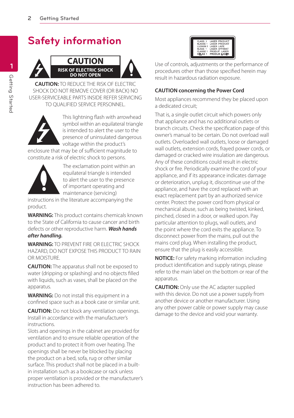 1 getting started, Safety information, Caution | LG BP325W User Manual | Page 2 / 61