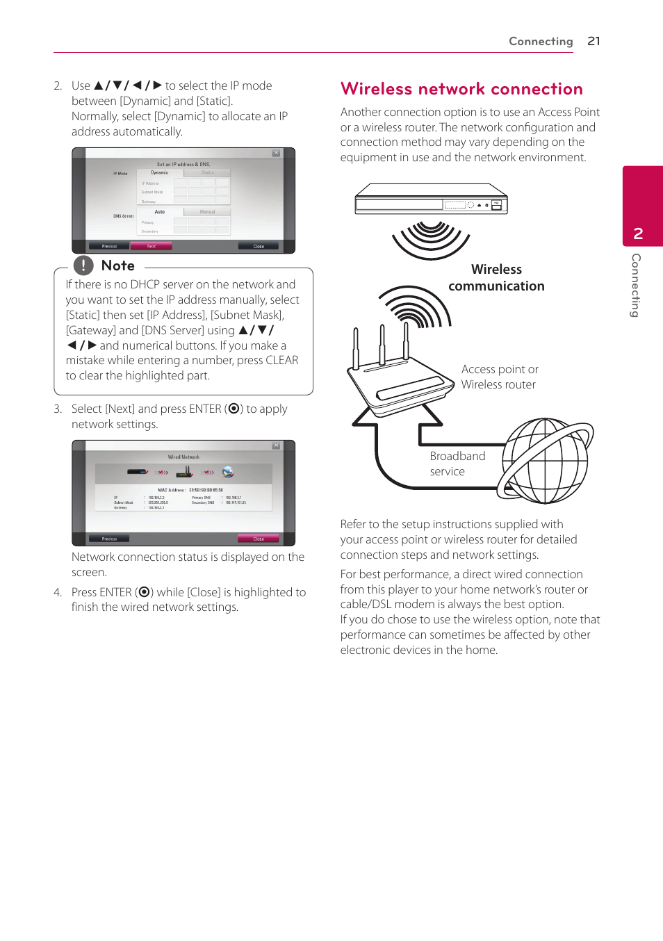 Wireless network connection, 21 – wireless network connection | LG BP325W User Manual | Page 21 / 61