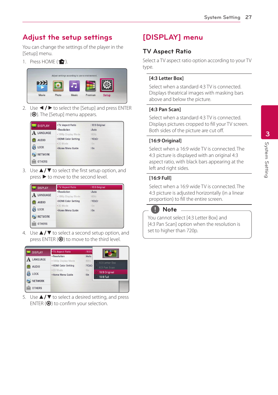 Adjust the setup settings, Display] menu, 27 – adjust the setup settings 27 – [display] menu | LG BP325W User Manual | Page 27 / 61