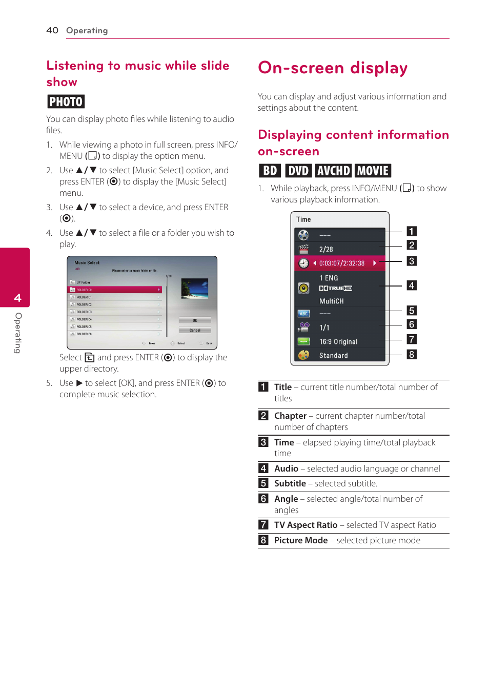 Listening to music while slide show, On-screen display, Displaying content information on-screen | Screen, Listening to music while slide show i, Displaying content information on-screen eroy | LG BP325W User Manual | Page 40 / 61