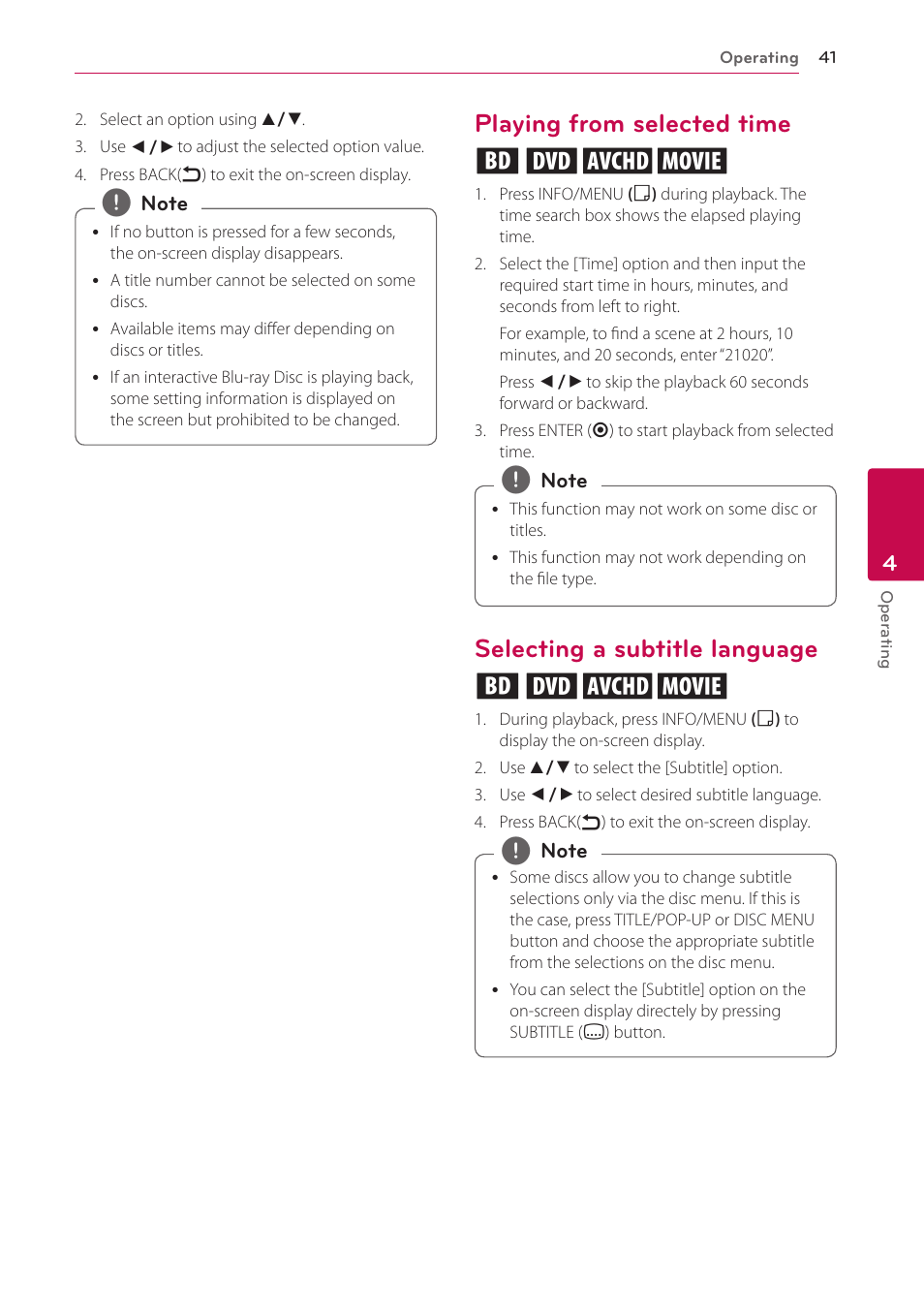Playing from selected time, Selecting a subtitle language, Playing from selected time eroy | Selecting a subtitle language eroy | LG BP325W User Manual | Page 41 / 61