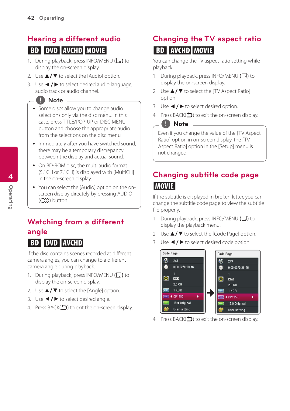 Hearing a different audio, Watching from a different angle, Changing the tv aspect ratio | Hearing a different audio eroy, Watching from a different angle ero, Changing the tv aspect ratio eoy, Changing subtitle code page y | LG BP325W User Manual | Page 42 / 61