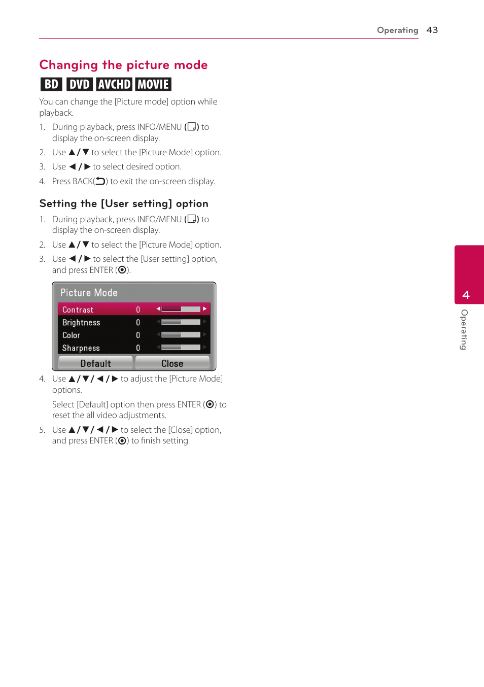 Changing the picture mode, 43 – changing the picture mode, Changing the picture mode eroy | LG BP325W User Manual | Page 43 / 61