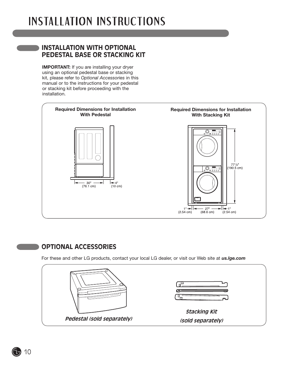 Optional accessories | LG DLE1310W User Manual | Page 10 / 76