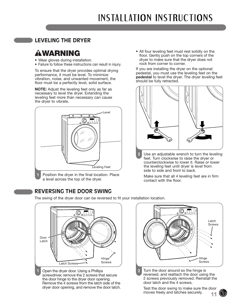 Wwarning, Reversing the door swing, Leveling the dryer | LG DLE1310W User Manual | Page 11 / 76