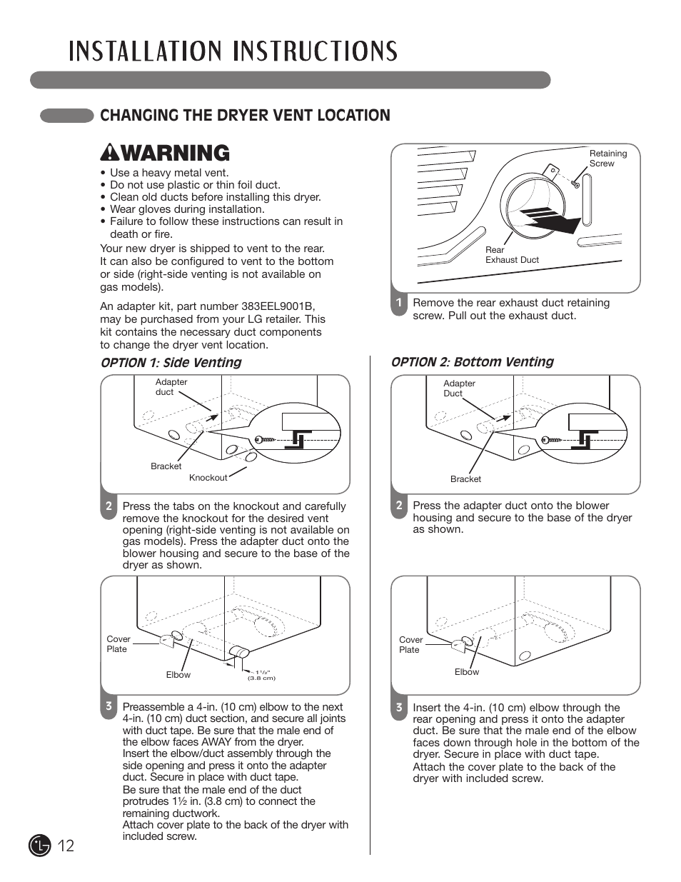 Wwarning, Changing the dryer vent location | LG DLE1310W User Manual | Page 12 / 76