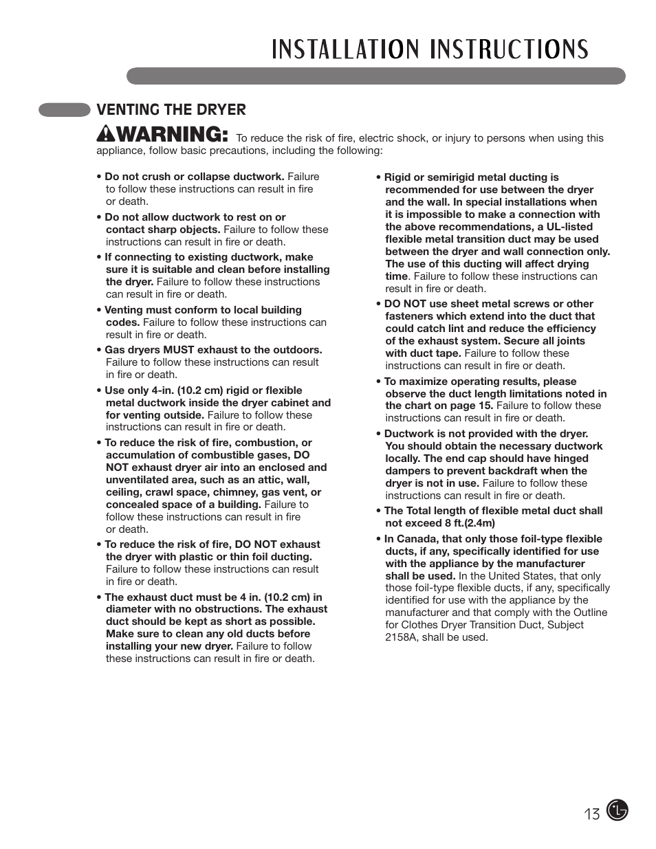 Wwarning, Venting the dryer | LG DLE1310W User Manual | Page 13 / 76