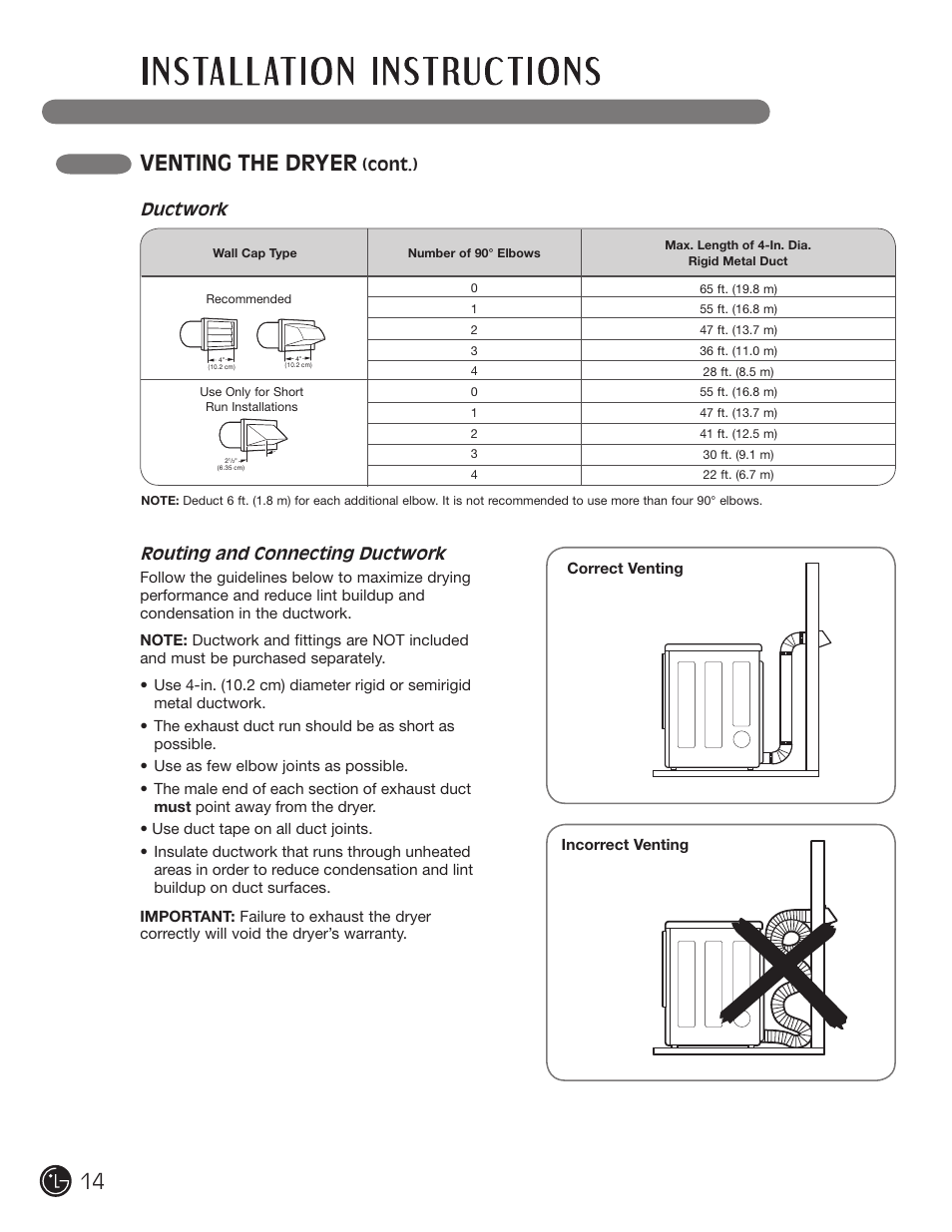 Venting the dryer, Routing and connecting ductwork, Cont.) | Ductwork | LG DLE1310W User Manual | Page 14 / 76