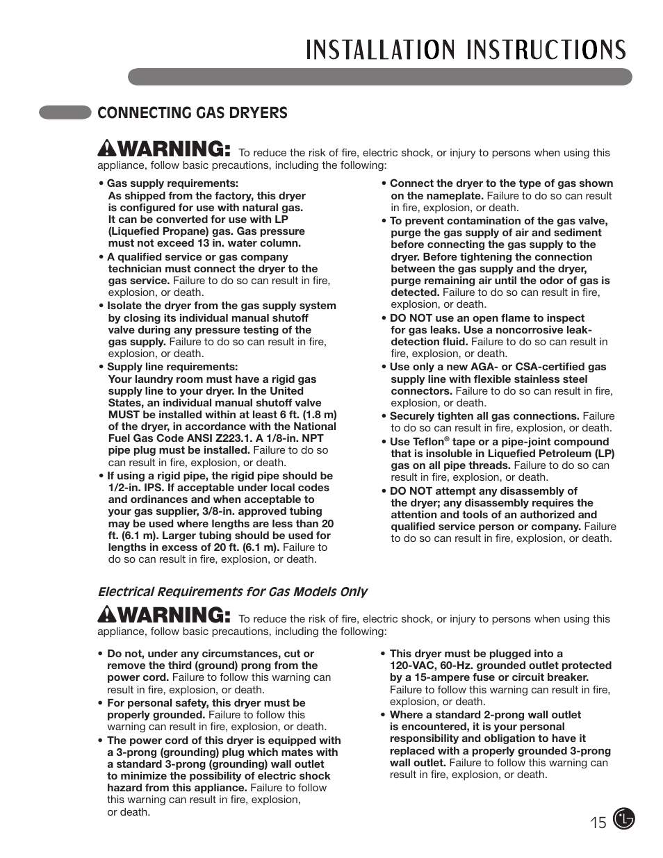 Wwarning, 15 connecting gas dryers | LG DLE1310W User Manual | Page 15 / 76