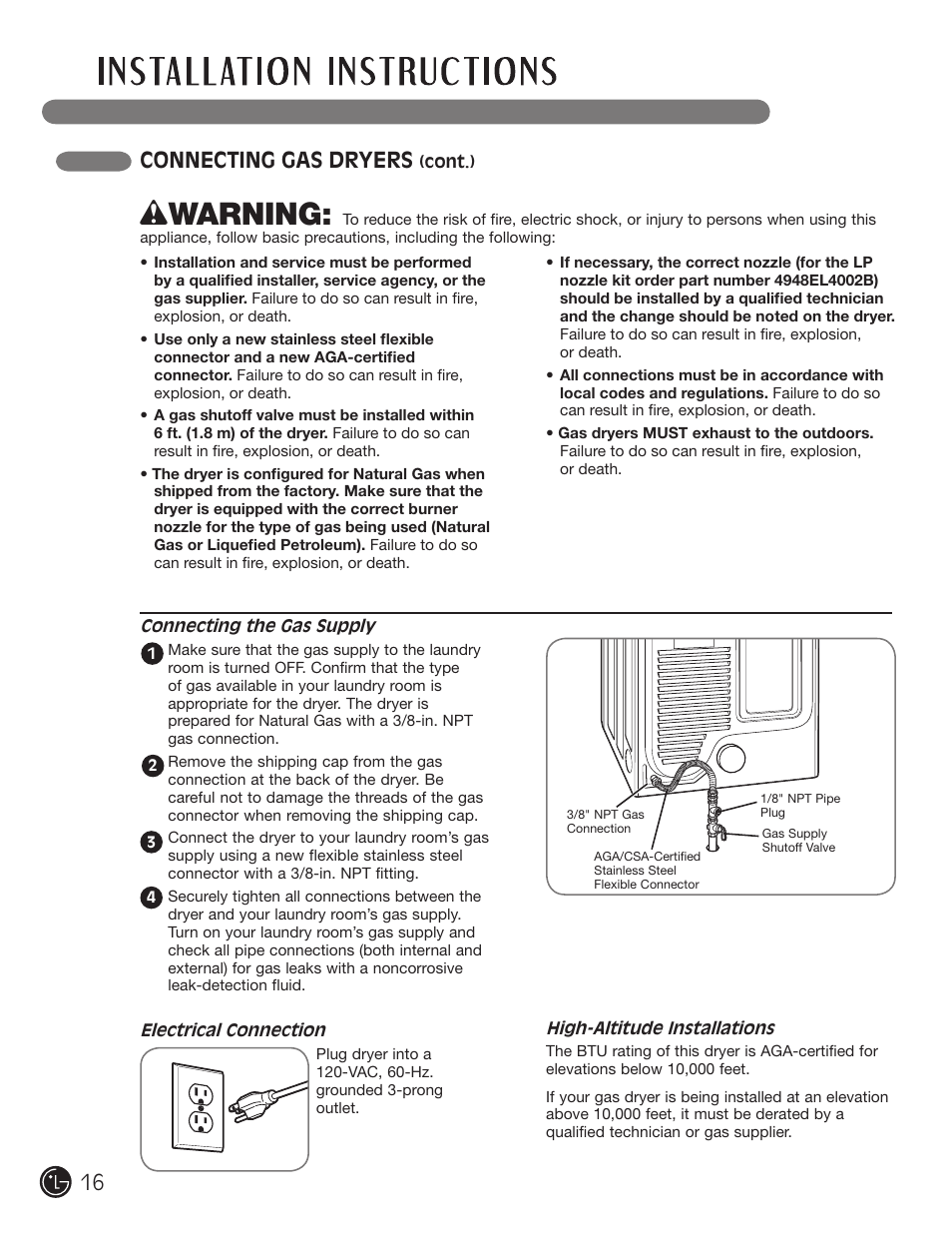 Wwarning, Connecting gas dryers | LG DLE1310W User Manual | Page 16 / 76