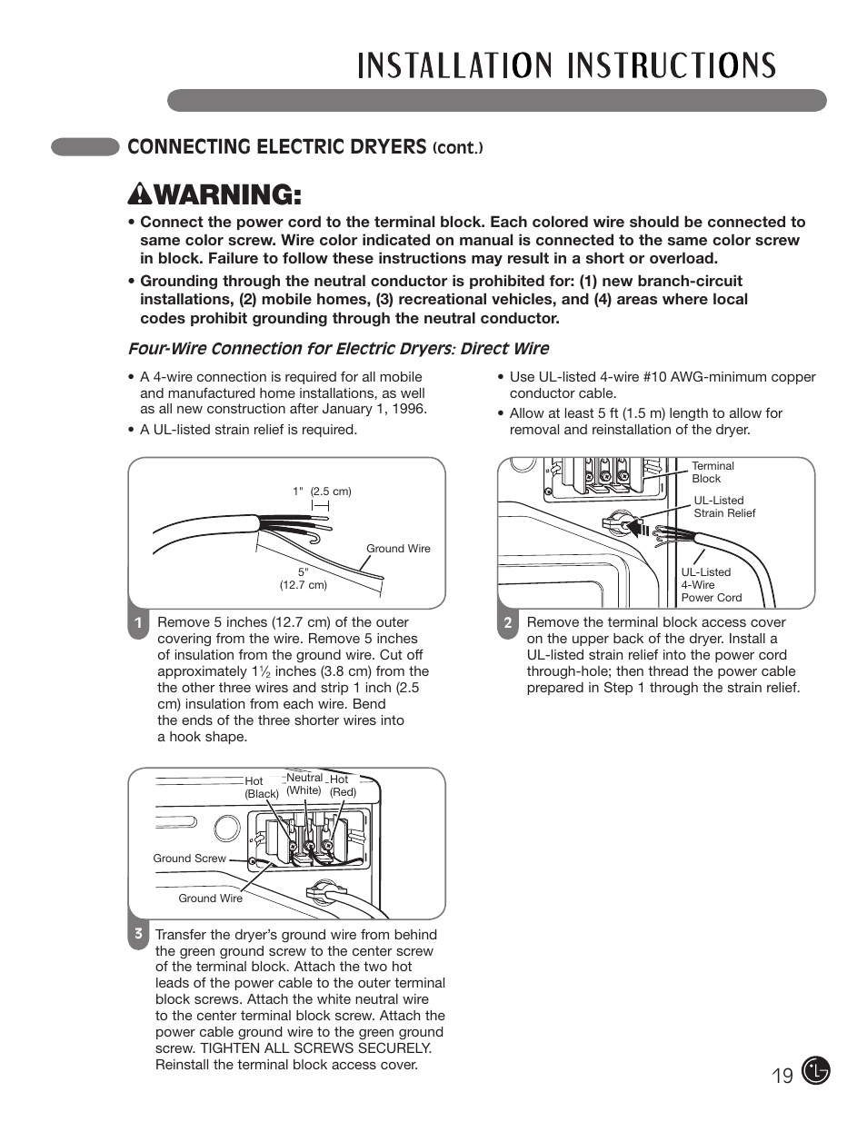 Wwarning, Connecting electric dryers | LG DLE1310W User Manual | Page 19 / 76