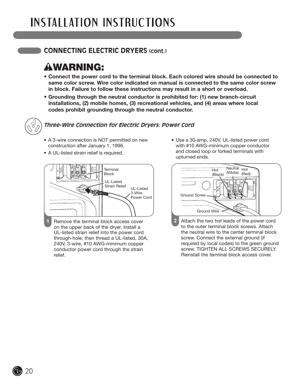 Wwarning, Connecting electric dryers | LG DLE1310W User Manual | Page 20 / 76