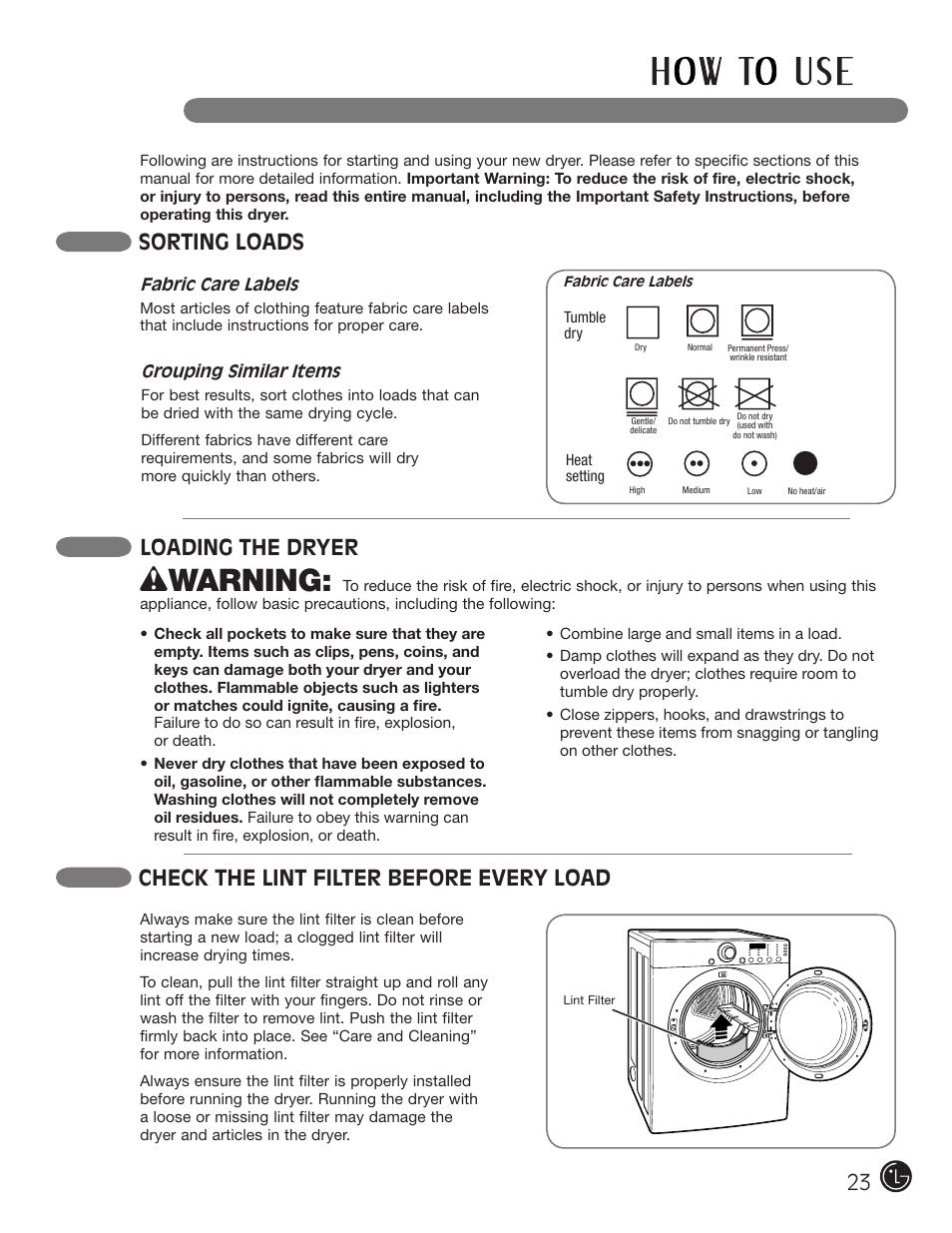 Wwarning, Sorting loads, Check the lint filter before every load | Loading the dryer | LG DLE1310W User Manual | Page 23 / 76