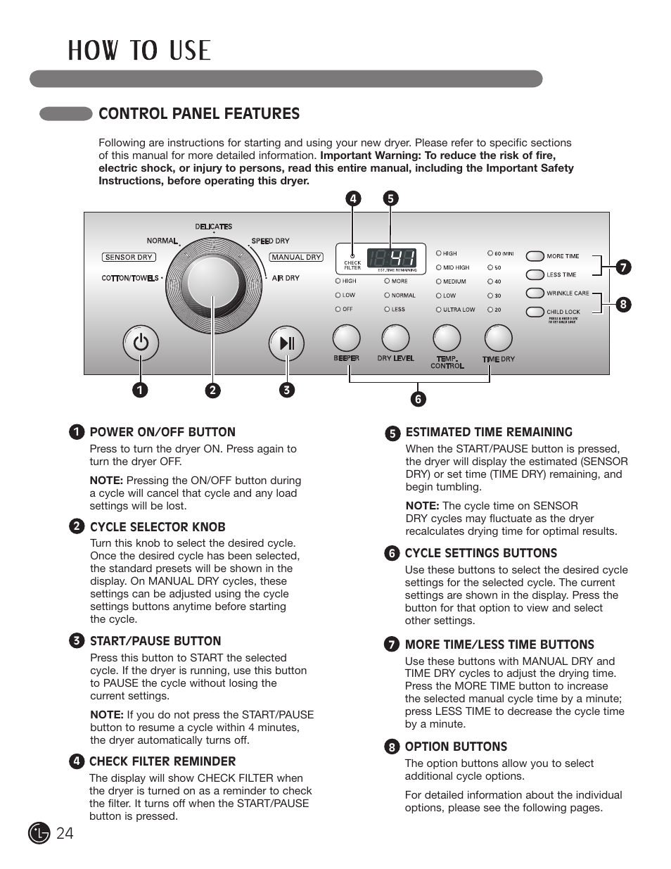 Control panel features | LG DLE1310W User Manual | Page 24 / 76