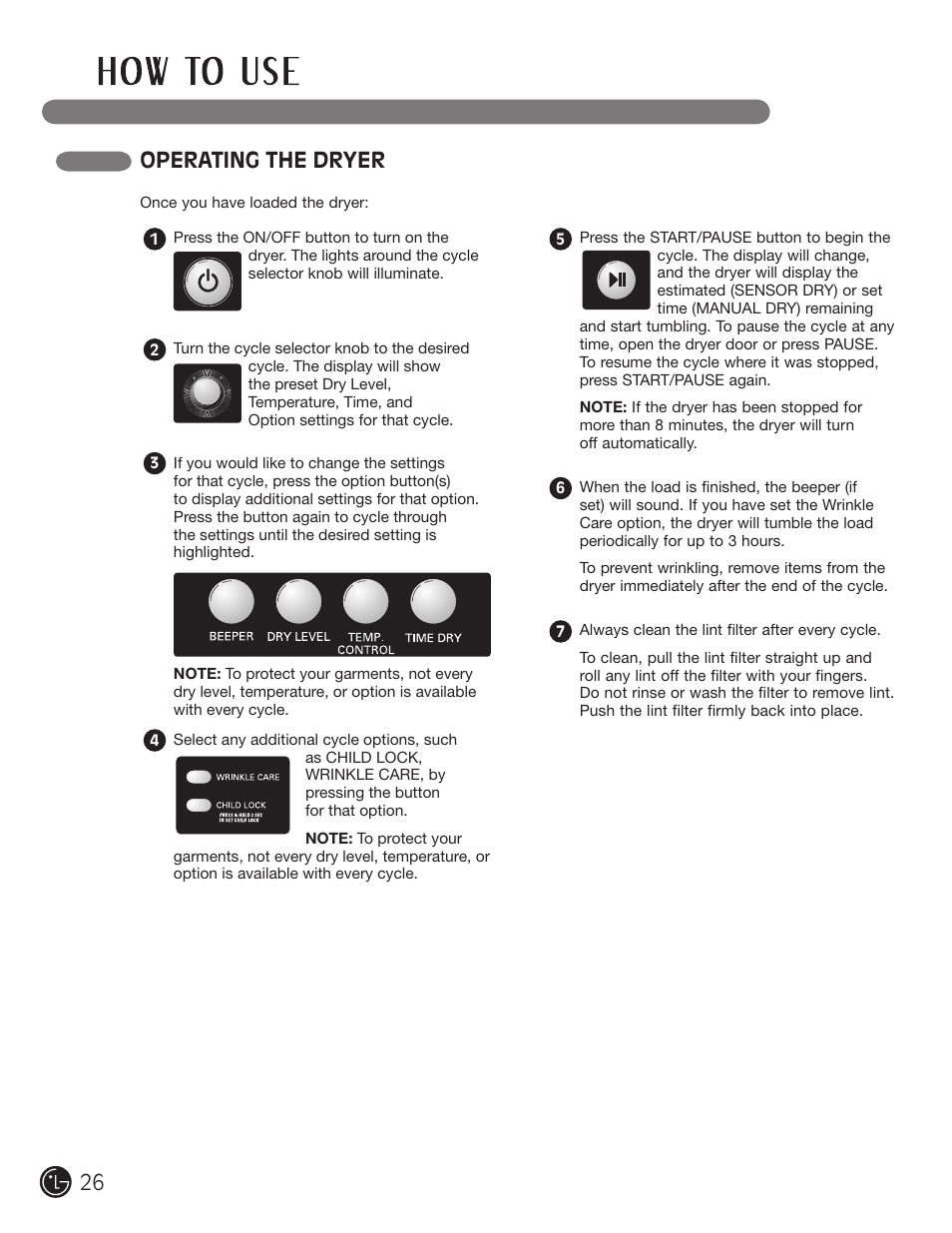 Operating the dryer | LG DLE1310W User Manual | Page 26 / 76
