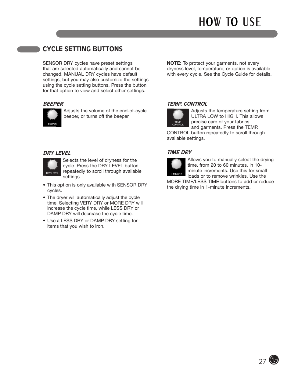 Cycle setting buttons | LG DLE1310W User Manual | Page 27 / 76