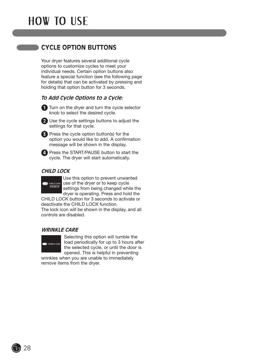 Cycle option buttons | LG DLE1310W User Manual | Page 28 / 76
