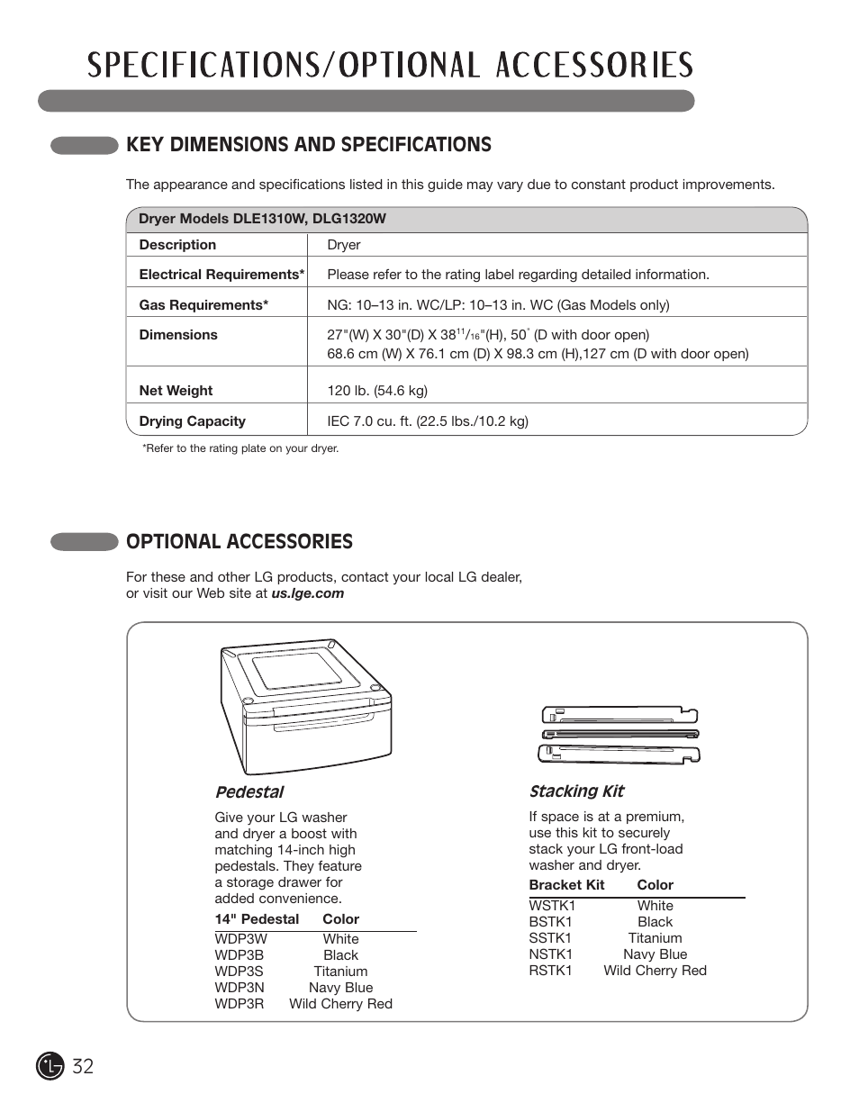 Key dimensions and specifications, Optional accessories | LG DLE1310W User Manual | Page 32 / 76