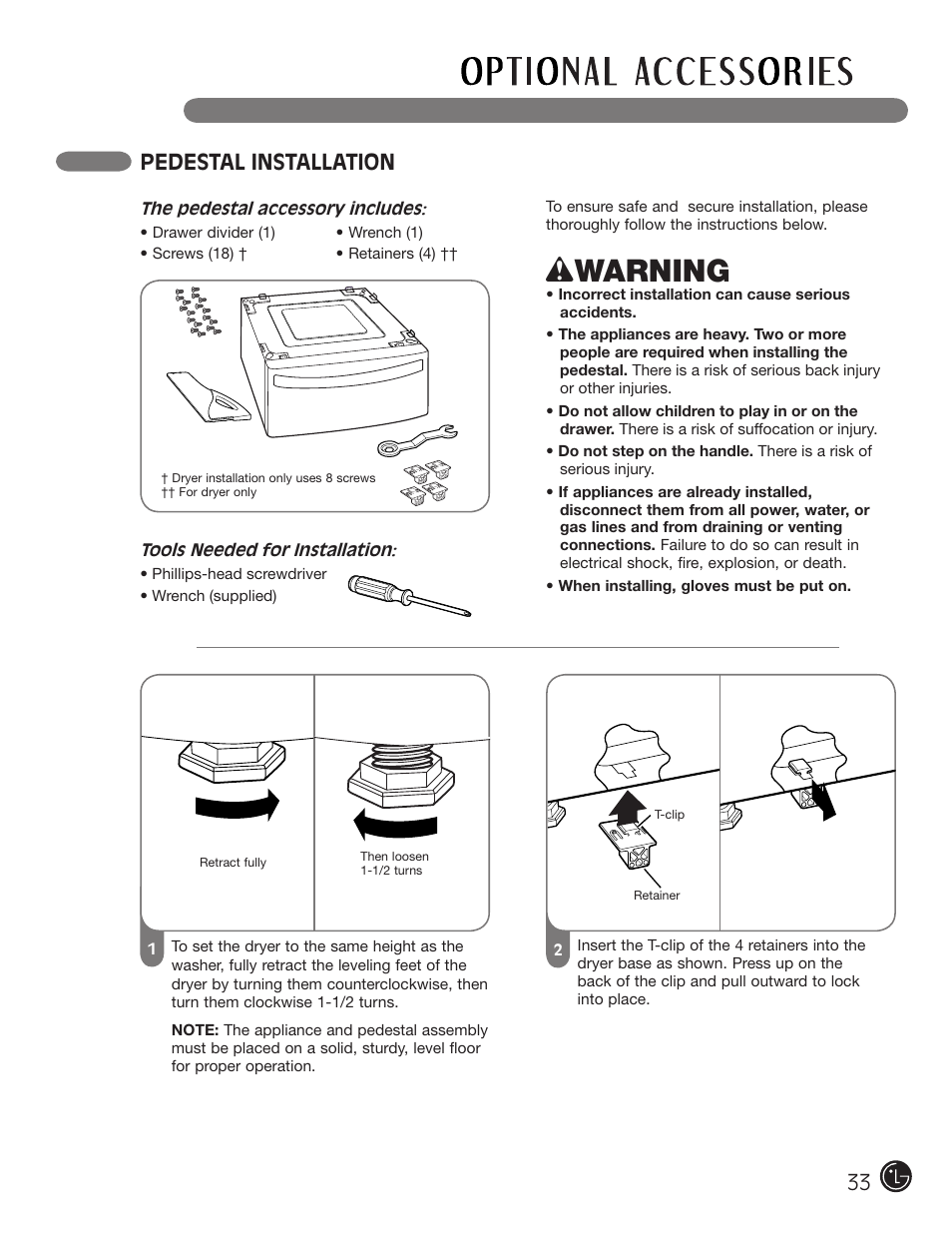 Wwarning, Pedestal installation | LG DLE1310W User Manual | Page 33 / 76